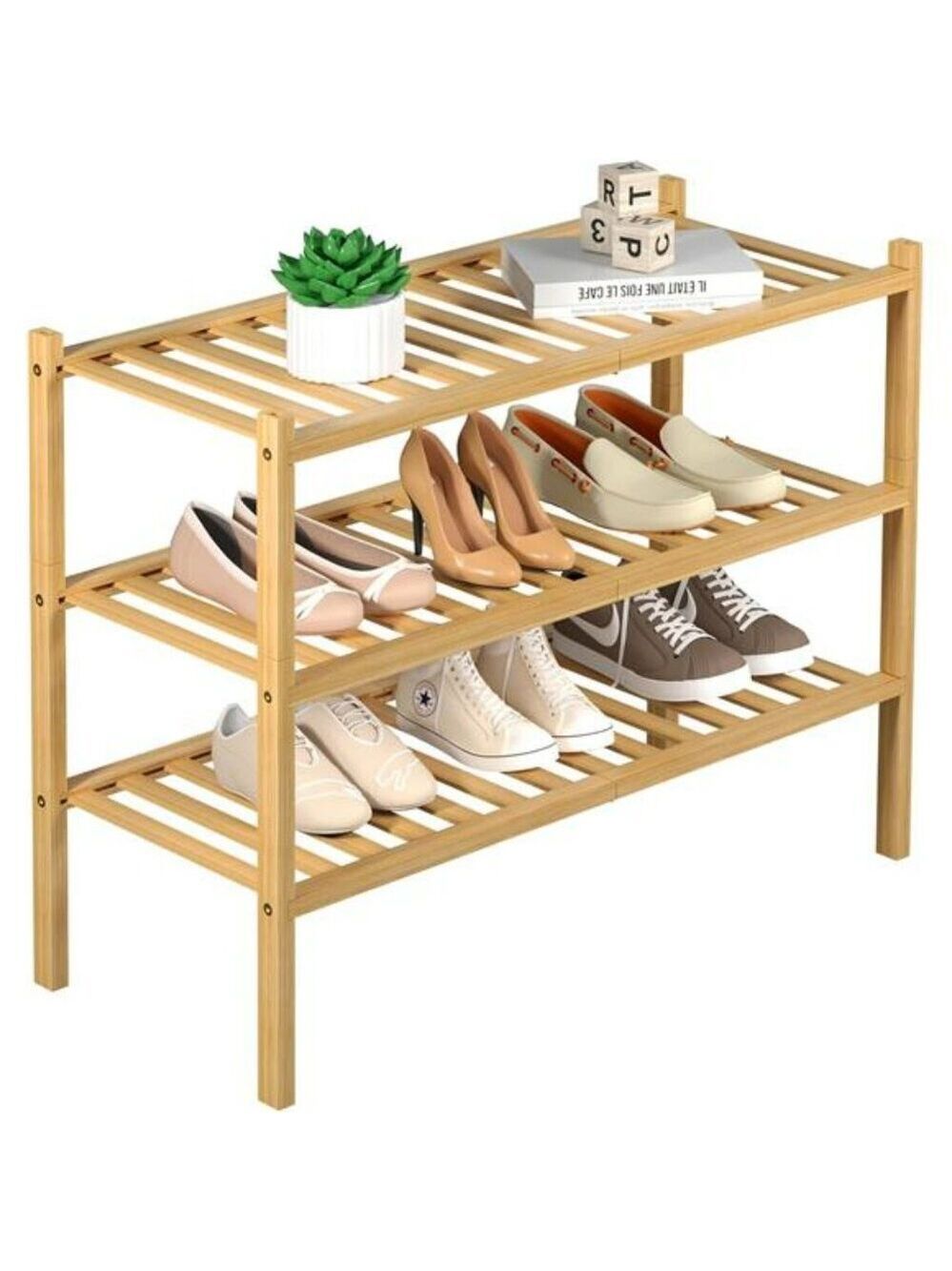 3 tier bamboo shoe rack wood shelf stackable organizer for closet entryway